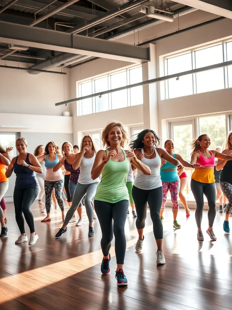 A diverse group of adults participating in a cultural dance workshop, with an instructor demonstrating steps and participants laughing and engaging with each other.