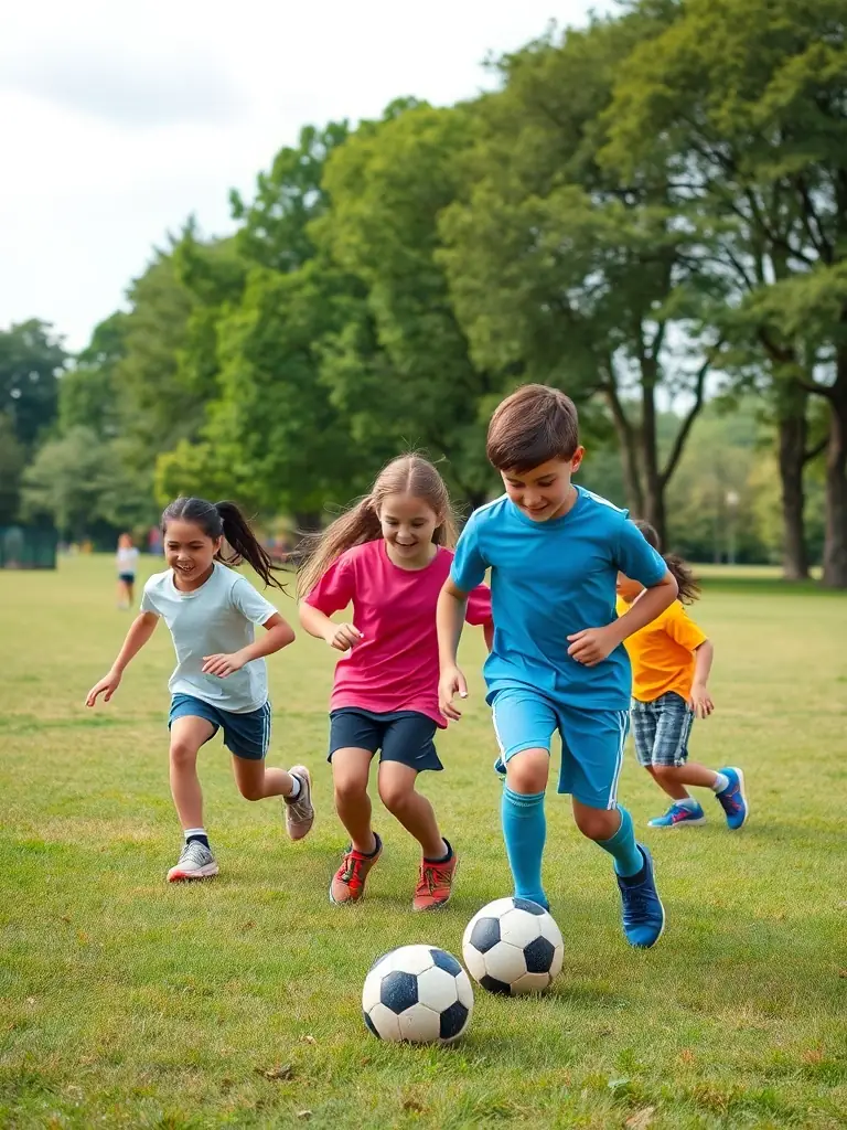 A group of children playing soccer in a park, with a coach guiding them and parents cheering from the sidelines. The image should convey energy, teamwork, and fun.