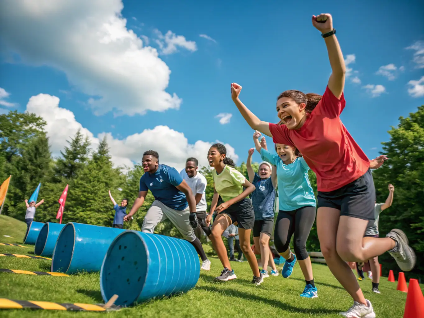 A group of diverse individuals participating in a team-building exercise outdoors, showcasing collaboration and camaraderie.