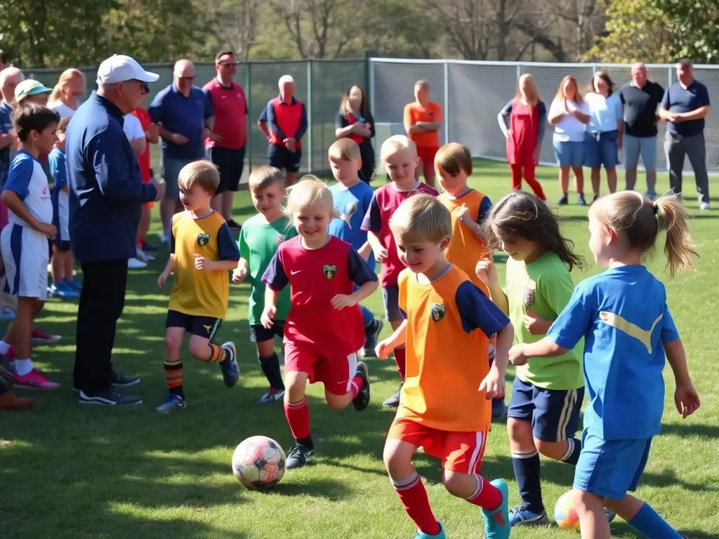 An image of children participating in a sports camp, with coaches providing guidance and encouragement.