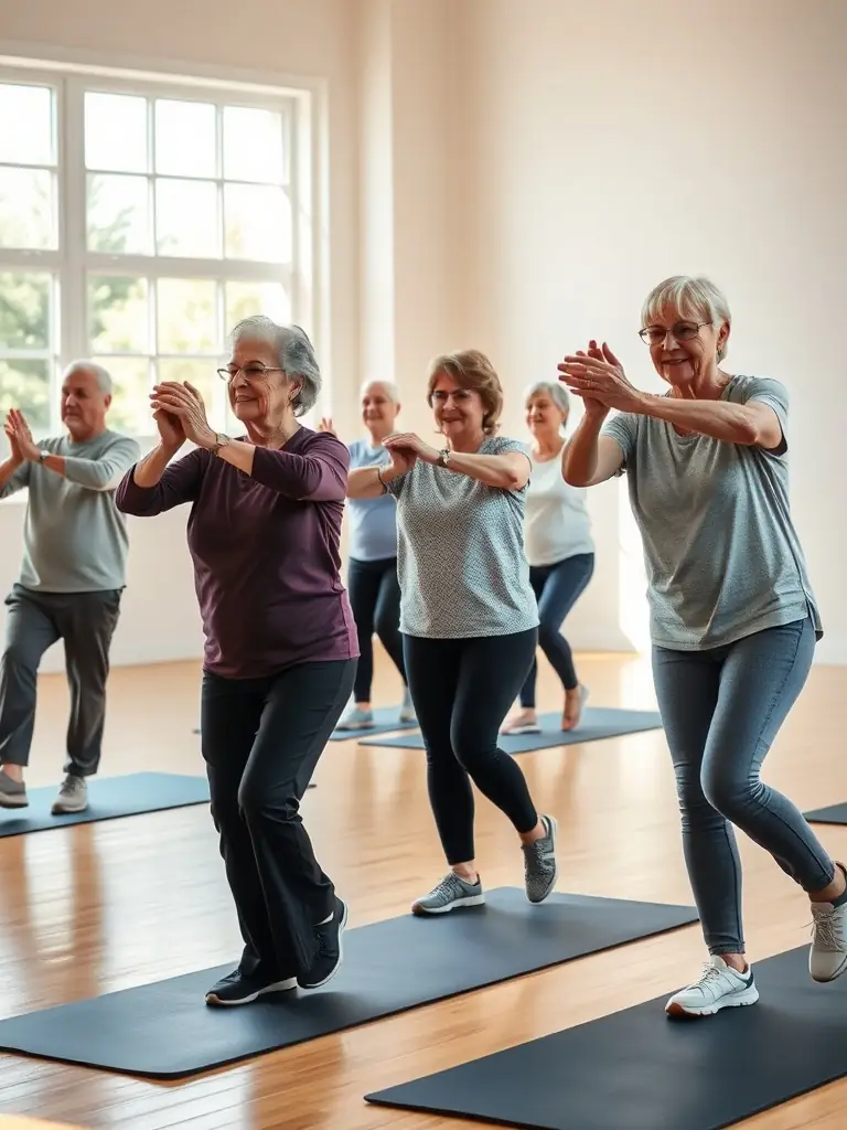 A group of seniors participating in a gentle exercise class, with an instructor providing guidance and participants smiling and supporting each other.